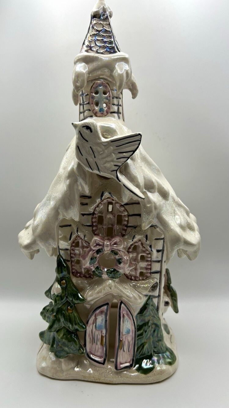 Glitter Snow Christmas Village House Tealight Holder, Ceramic/Porcelain 12 in
